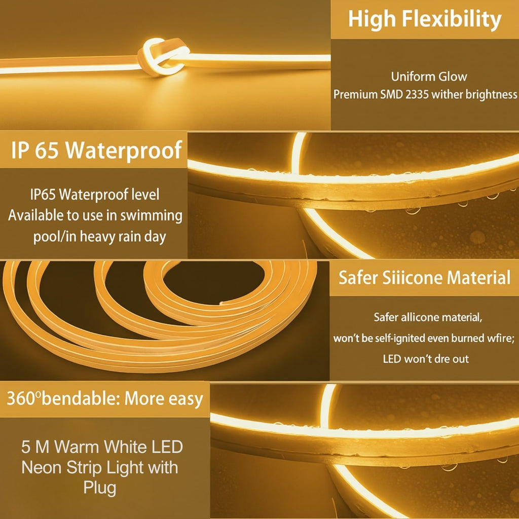 16.4 Feet Neon LED Strip Lights, with 12V Adapter, Waterproof IP65, Silicone Flexible Rope Light for Home Décor | Led Strip Lights | Neon Lights | Strip Lights | 5 Meter | (WARM-WHITE02)